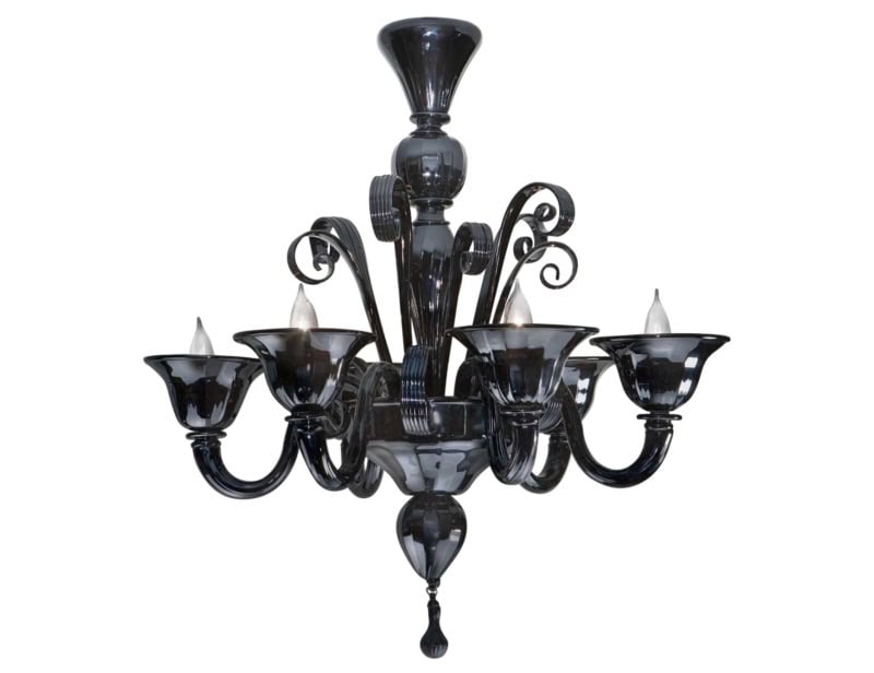 Black Murano 6 modern Italian chandelier with black glass